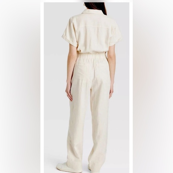 Universal Thread Women's Short Sleeve Linen Boilersuit Casual Jumpsuit Cream 4 - Picture 2 of 13